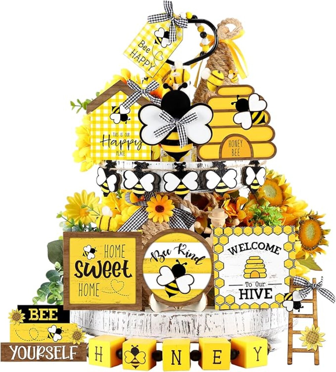 15 Pcs Bee Tiered Tray Decor Summer Tiered Tray Decorations Set Honeycomb Decor Honey Bee Wooden Signs Rustic Farmhouse Kitchen Decor for Home Table Shelf Decorations